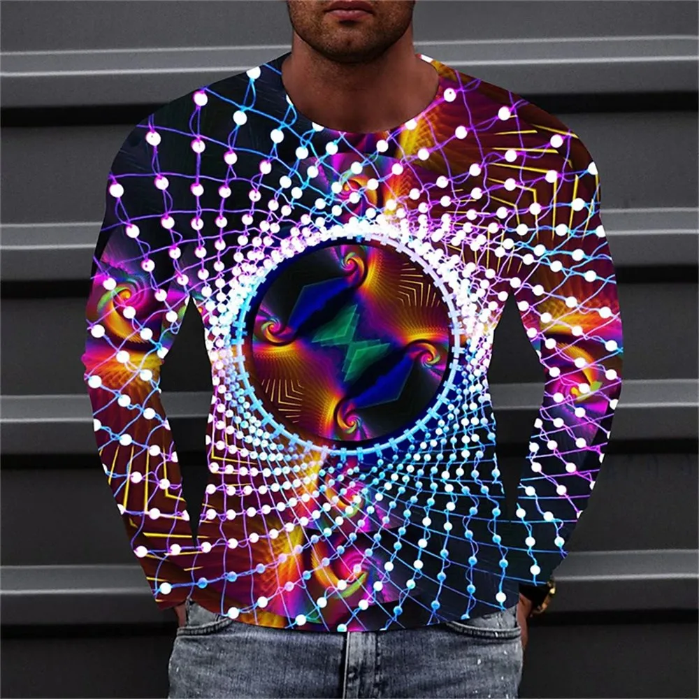 2023 neue Herren Langarm O-Ausschnitt T-Shirt lässig lose Tops T-Shirt geometrische Grafiken Streifen druck Designer Kleidung übergroß – Detail 4