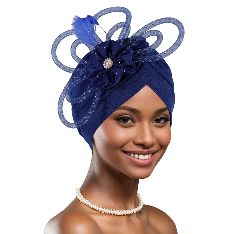 African Pleated Turban Cap For Women Luxury Dinner Party Bonnets Indian Nigerian Headwear Beanies Wedding Hat Fashion 5