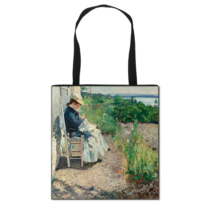 Vintage Painting Water Lily / Lotus Print Totes Bag Monet Women Handbag Ladies Canvas Travel Shoulder Bag Portable Shopping Bags 