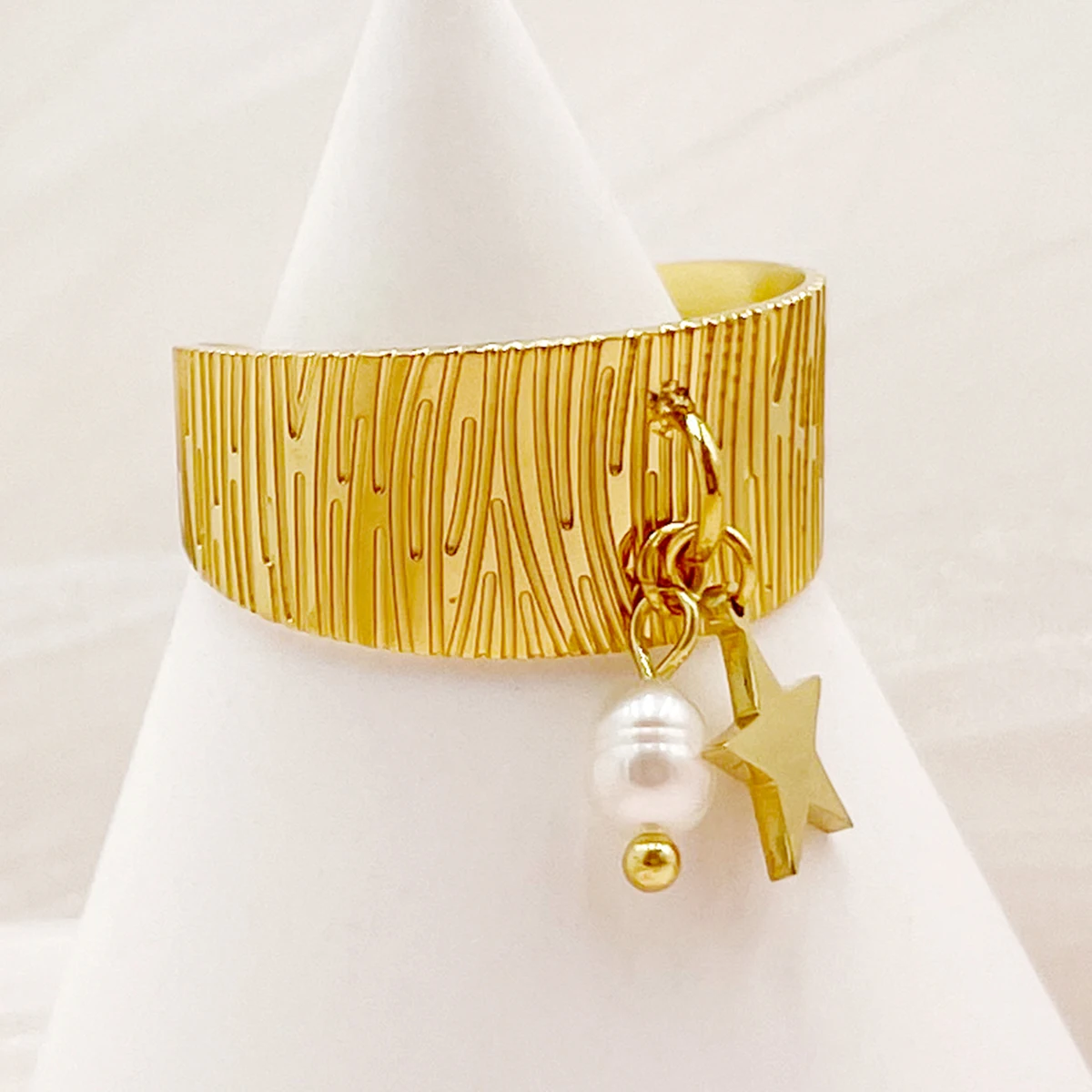Vintage Star Pearl Pendant Stainless Steel Open Ring 14K Golden Plated Men And Women's Accessories 1pc