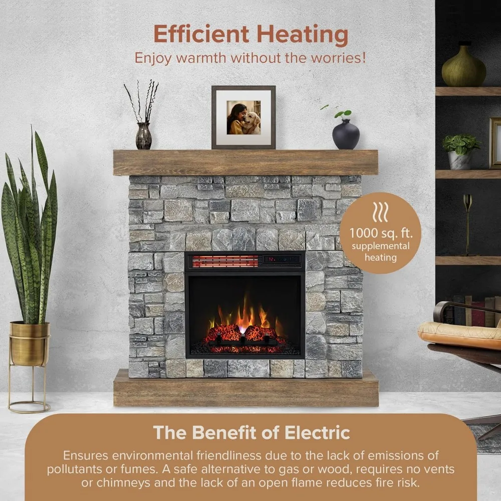 Raeford 40 Inch Wood Fireplace Mantel with Stone Brick Surround and 18" Electric Fireplace Insert | 40" L X 40" H X 11.5" D 6