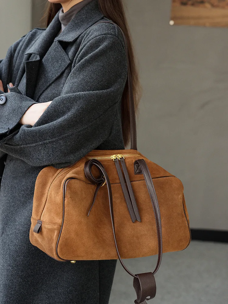 Women's Bowling Tote Bag 2025 New Suede Leather Handbag Top Grain Leather Single Shoulder Underarm Bag Commuting Premium Chic 2