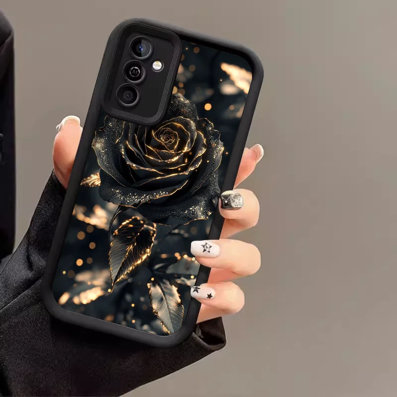 Elegant Black Gold Rose Flower Silicone Phone Case - Soft Cover Skin