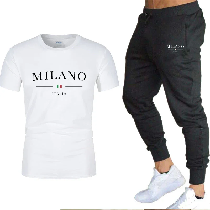 

Women And Man Milano Letters Print Y2k T-shirt Ladies Short Sleeved Set New Tees+Sweatpants Suit Loose Pure Cotton Soft Tops