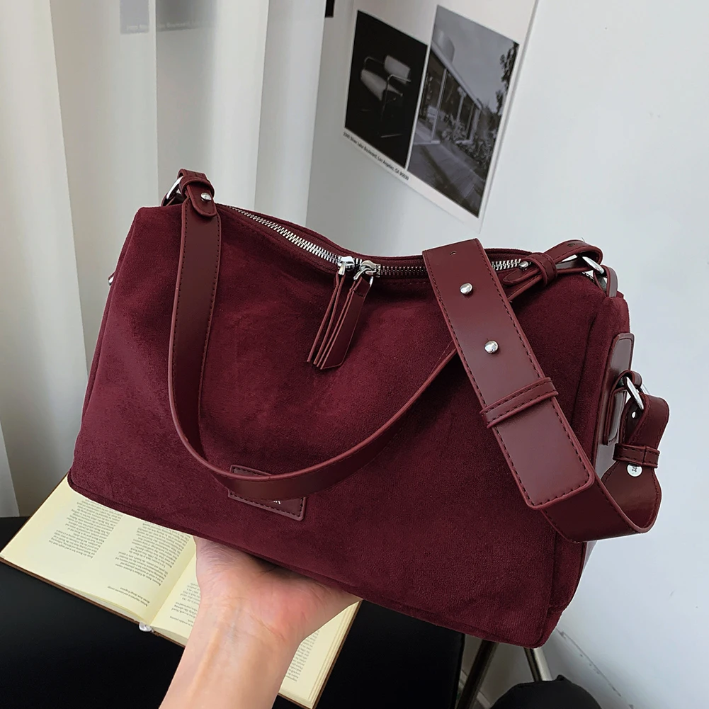 Faux Suede Shoulder Bag Women Vintage Tote Handbag Adjustable Strap Crossbody Messenger Bags Trendy Satchel Hobo Commuter Bag