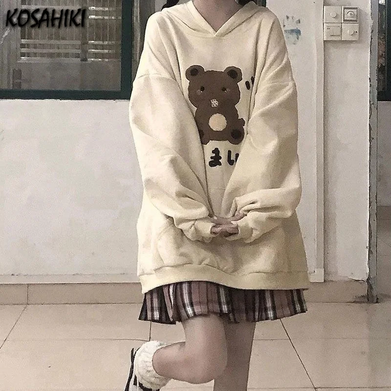 

2023 Spring Autumn Japanese Gothic Cartoon Hoodies Harajuku Women Cute Lolita Bear Hooded Sweatshirts Girly Punk Coats