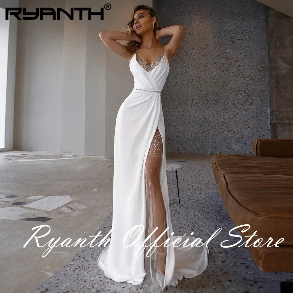 

Ryanth Spaghetti Straps Luxury Beading Princess Party Dresses White Mermaid Wedding Dresses Soft Satin Beach Bridal Gown V-Neck