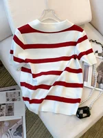 Pull à col à motif rayé, polyvalent, manches courtes, haut tricoté pour printemps et été, vêtements pour femmes, nouvelle collection 2026 2