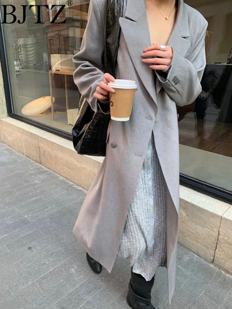 BJTZ Double Breasted Trench Coat Linen Long Blazer Jacket For Women Clothing 2024 Spring Autumn New Fashion Windbreaker HL56