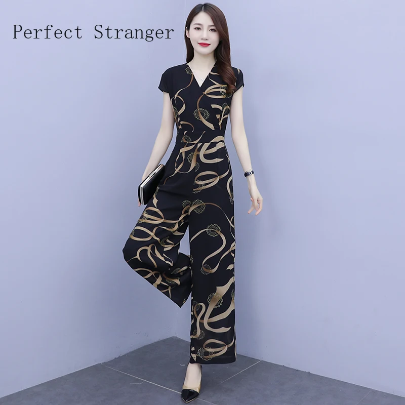 

Women's Chiffon Jumpsuit Summer 2022 New Printing Casual Overalls Ankle-Length Pants Wide Leg Strap Women Elegance Outfit
