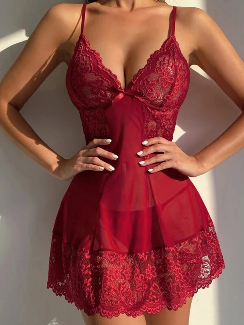 S-3XL Women Sleepwear Sexy Pajamas V-neck Lace Dress Mujer Lingerie Pornos Costumes Exotic Apparel Female Underwear Nightgown