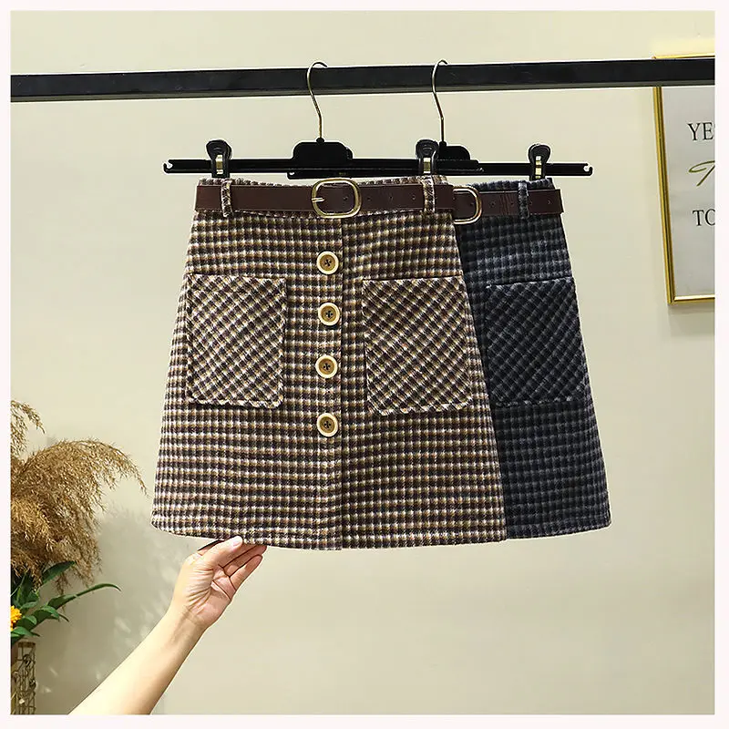 

Женская осенне-зимняя модная мини-юбка с карманами, женские твидовые юбки с высокой талией, женские шерстяные юбки-карандаш в клетку O381, 2023
