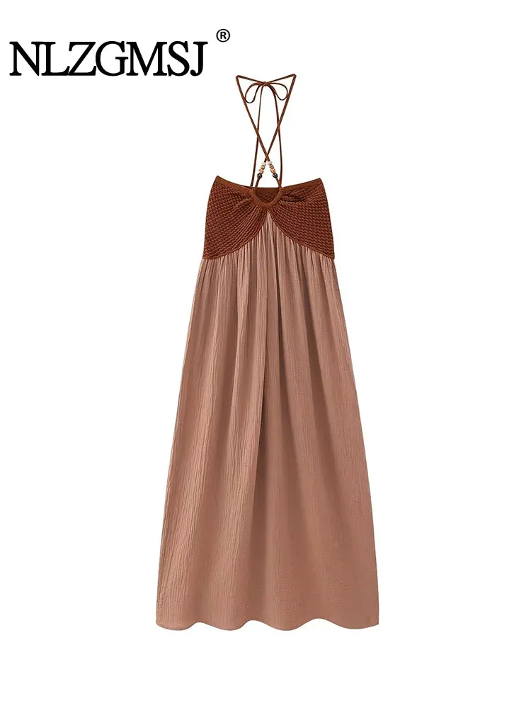 

TRAF 2023 Patchwork Dress Woman Sleeveless Long Dresses For Women Summer Backless Sexy Party Dresses Beading knit Midi Dress
