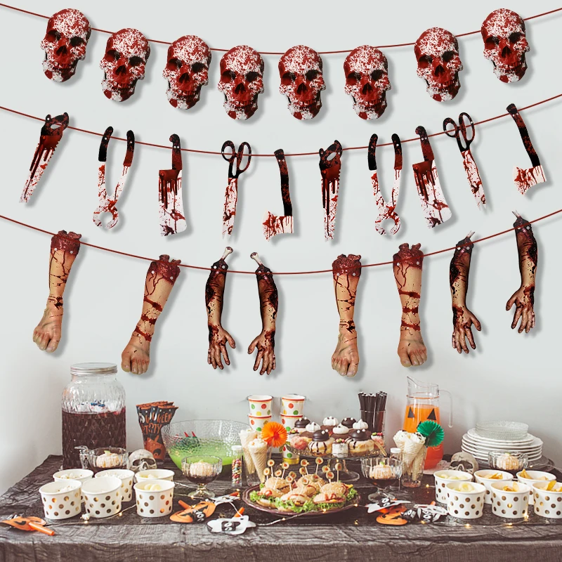 

Halloween Bloody Hand Foot Skeleton Banner Halloween Decoration Bloody Prints Horror Flag Pulling Haunted House Horror Decor