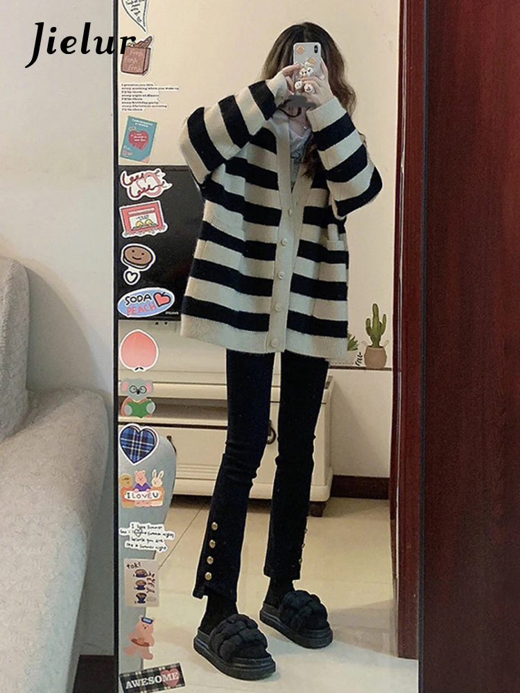 

Jielur Autumn New Contrast Color Slim Chicly Cardigan Woman Casual Loose Fashion Cardigan Female Street Basic Knitted Stripe Top