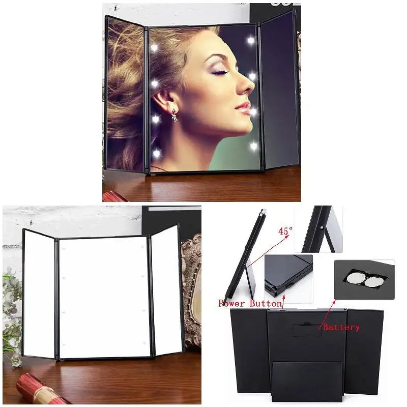Tri-Fold Makeup Mirror with LED Light Portable Travel Compact Pocket Mirrors Travel Fold Cosmetic Mirror 5