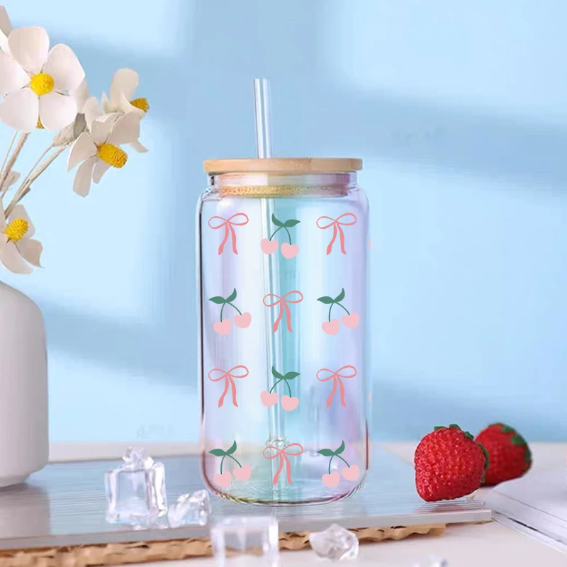 DTF Transfer Sticker UV DTF Transfer Bow Theme 16oz Libbey Glasses Wraps Cup Can DIY Waterproof Easy To Use Decals D17034