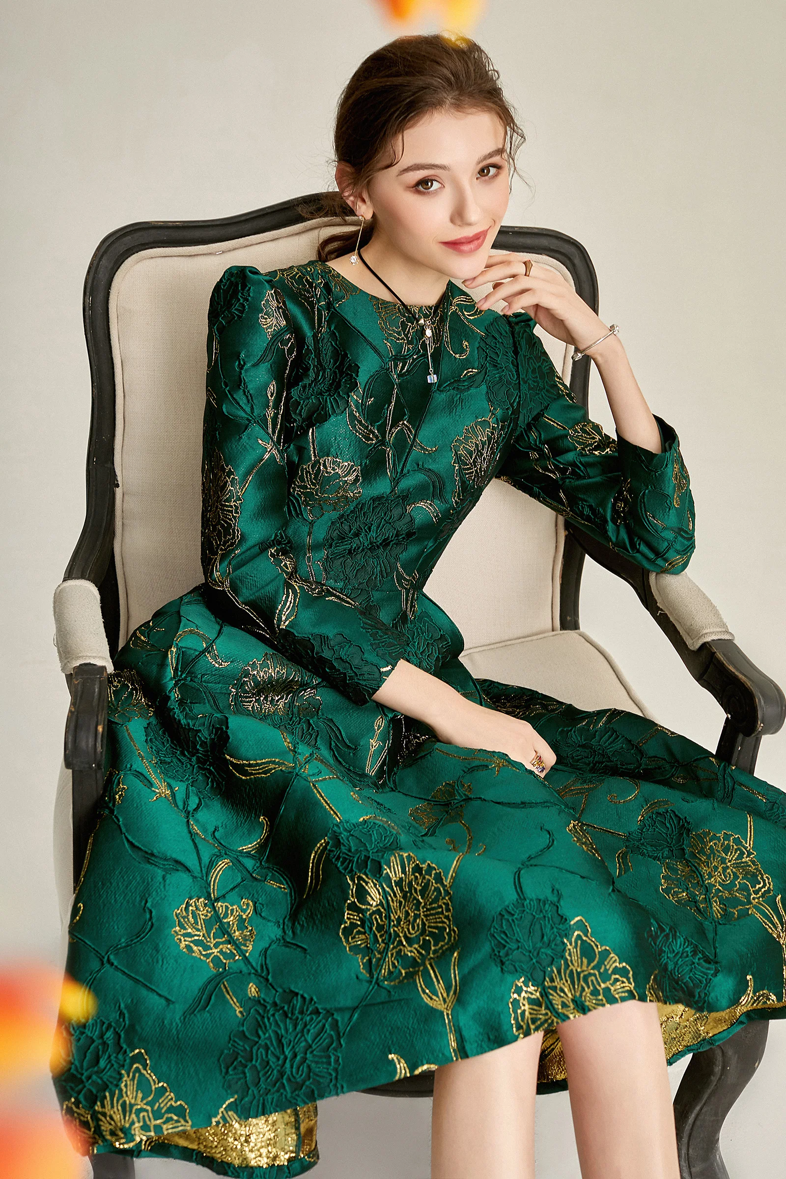 Spring Jacquard Dress Floral Long Sleeve Irregular Hem England  