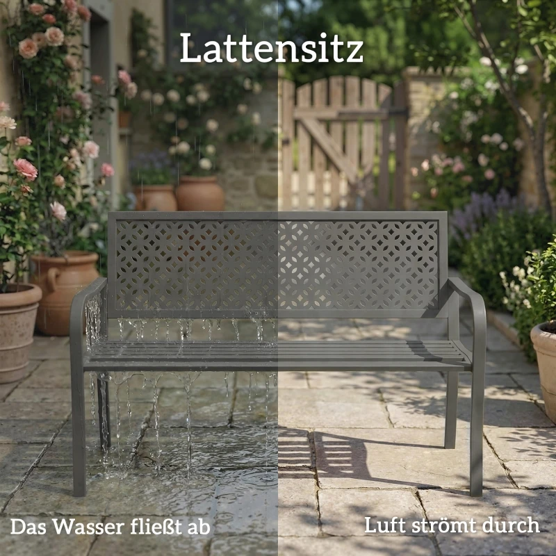 2-Sitzer Metall-Gartenbank, Wetterfeste Outdoor-Bank mit Rostbeständiger Rückenlehne, Geometrisches Design, Tragfähigkeit bis zu 240kg – Detail 8