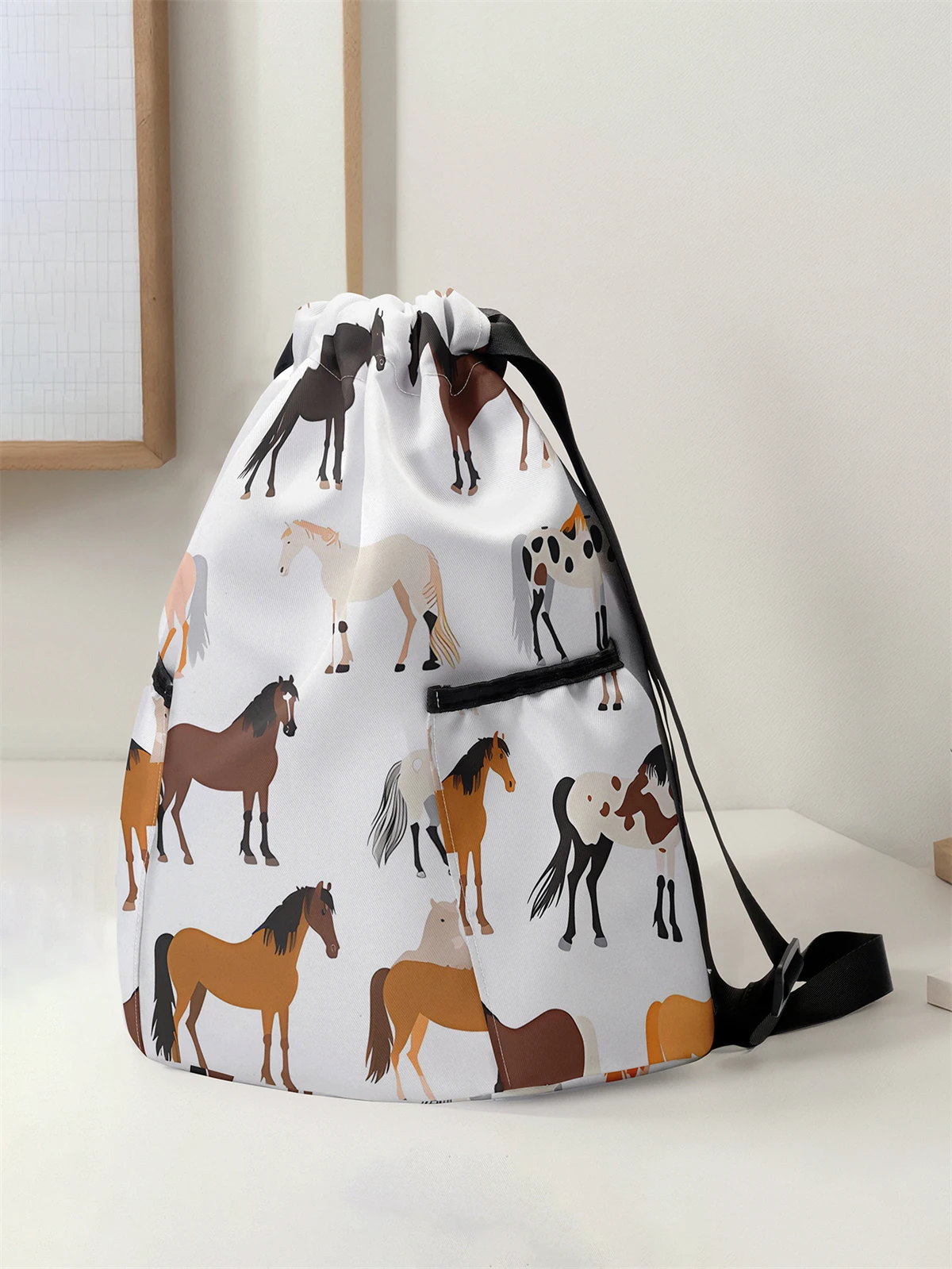 Horse Pattern Pulling Rope Backpack - Large Capacity Durable Fitness Bag, Adjustable Shoulder Strap, Sports Beach Backpack