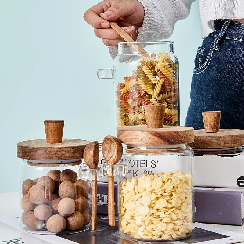 Glass Sealed Jar Five Grains Coffee and Tea Storage Can with Wooden Spoon Seasoning Bottle Kitchen Moisture-proof Storage Tank 4