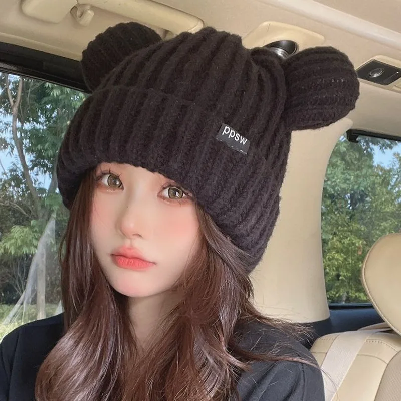 

Bear Ear Solid Color Knitted Hat Soft Plush Thicken Outdoor Ear Protection For Warmth Hat Women Autumn Winter Fashion Cute Cap