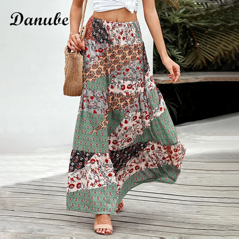 

Vintage Floral Print Patchwork Long Skirt Women Spring Summer Casual High Waist Cotton Linen Skirt Female Loose A-line Maxi Skir