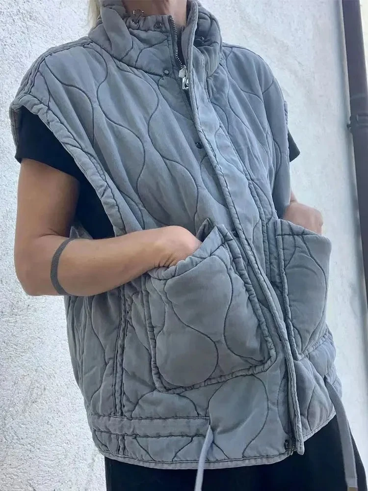 Nlzgmsj 2024 Autumn Winter Women Pocket Cotton Jacket Vest Sleeveless Stand Neck Zipper Waistcoat Loose Female Streetwear 2