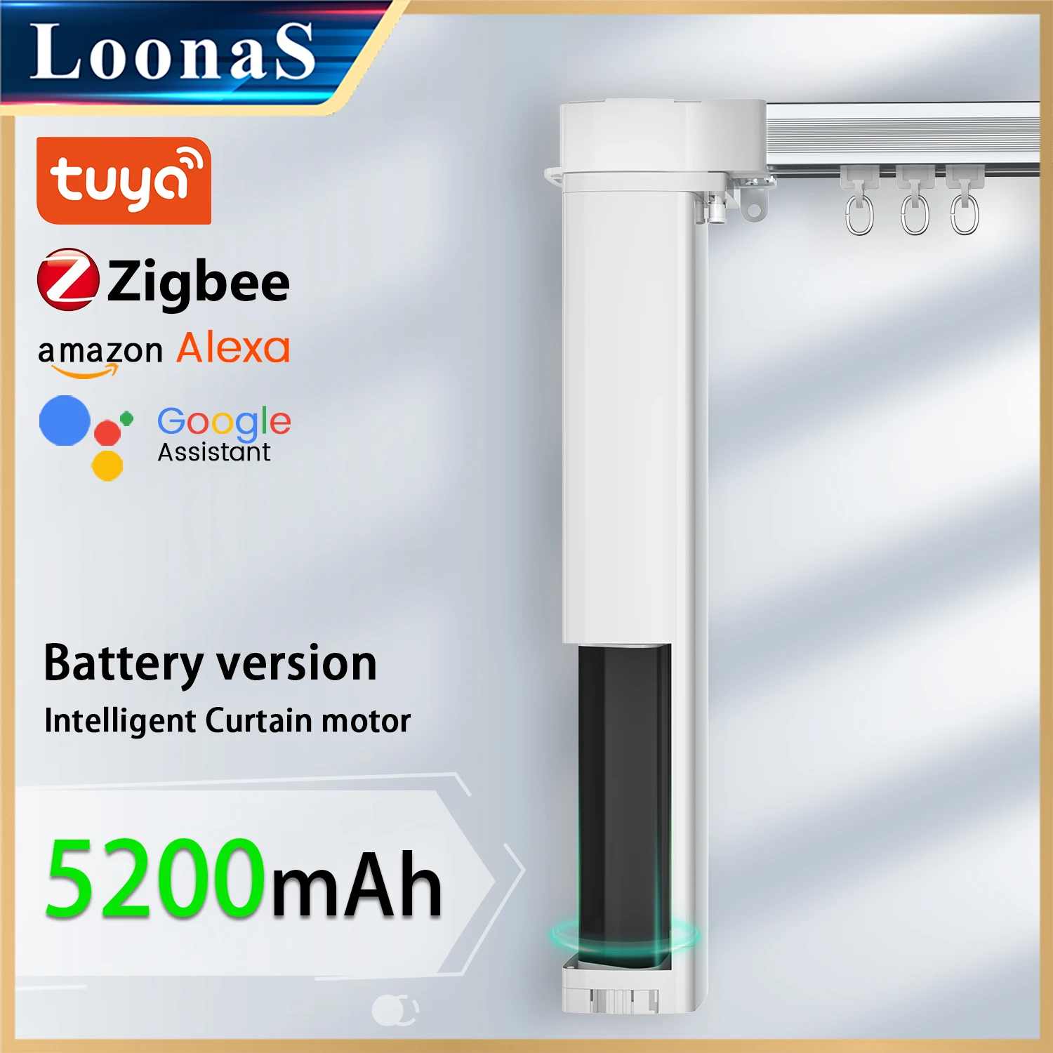 Tuya Bee ม่านไฟฟ้าอัจฉริยะ, แบตเตอรี่รุ่น5200มิลลิแอมป์ต่อชั่วโมงรีโมทอัจฉริยะหนา1.3มม. รองรับ Alexa Google Assistant 1