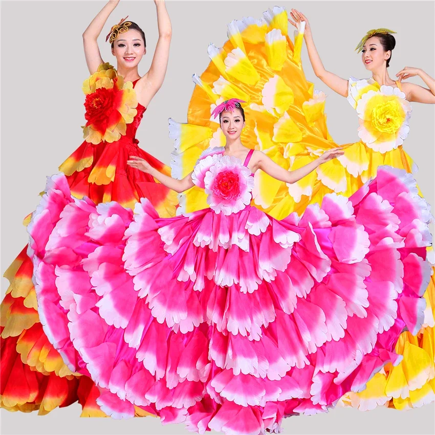 Dance Gypsy Skirt Woman Spain Belly Costumes Big Petal Spanish Chorus Stage Performance Wear 360-720Degrees Flamenco Dress Women flamenco dresses