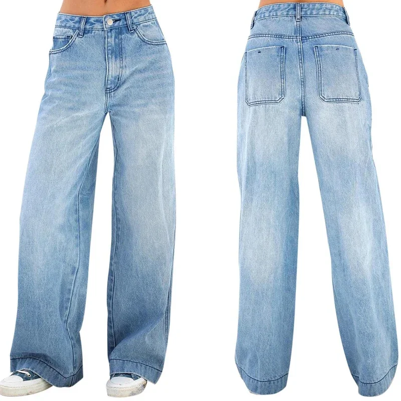Women's Denim Pants Jeans High Waist Wide Leg Pants with Pockets Fashion Casual Long Trousers 2025 New Korean Streetwear