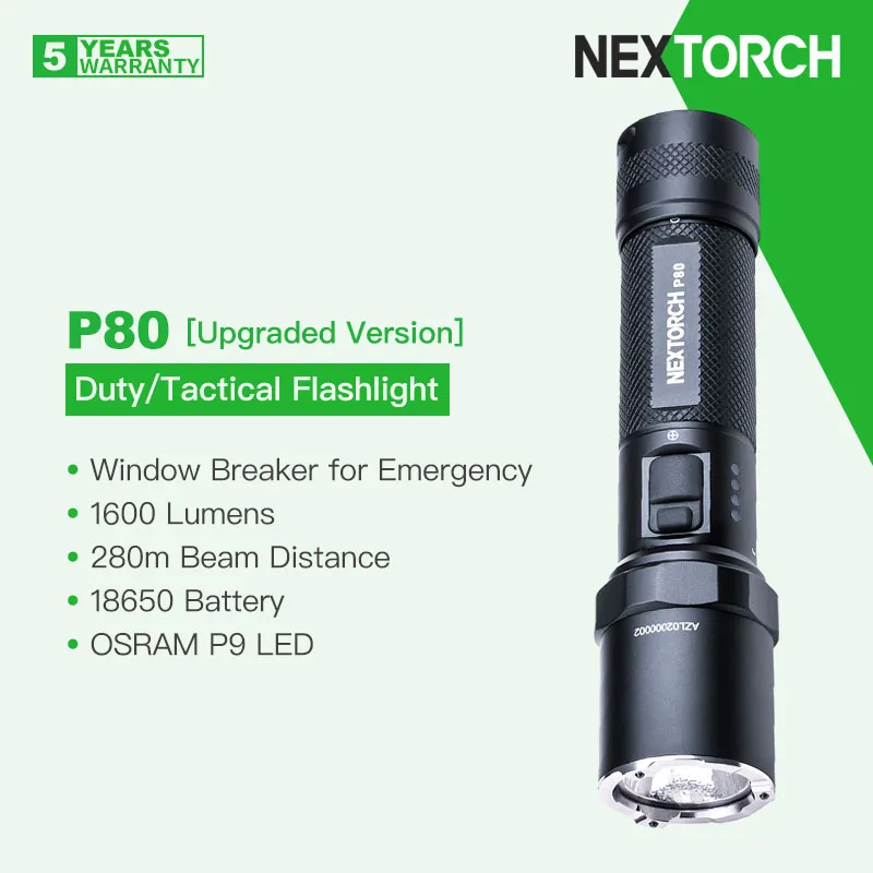 Nextorch P80 (Versione Aggiornata) Torcia Duty/Tattica, Batteria 1600 Lumen 18650, Ricarica Compatta, Ricarica Diretta Di Tipo C
