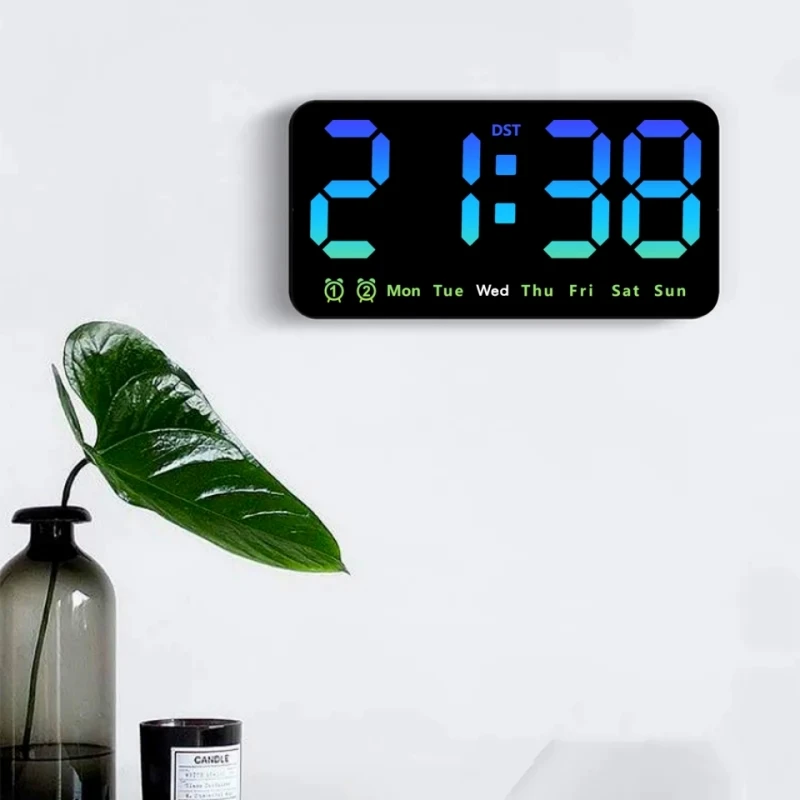 Digital Wall Clock Voice Control Large Digital Wall Clock Temperature Date Week DST Snooze Table Clock 12/24H Dual Alarm Wall-mounted LED