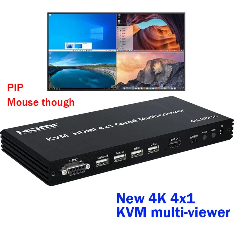 Yinker 4x1 HDMI KVM Multiviewer 4K@30Hz – Switch Con PIP/POP, Audio 3.5mm E Controllo Tastiera