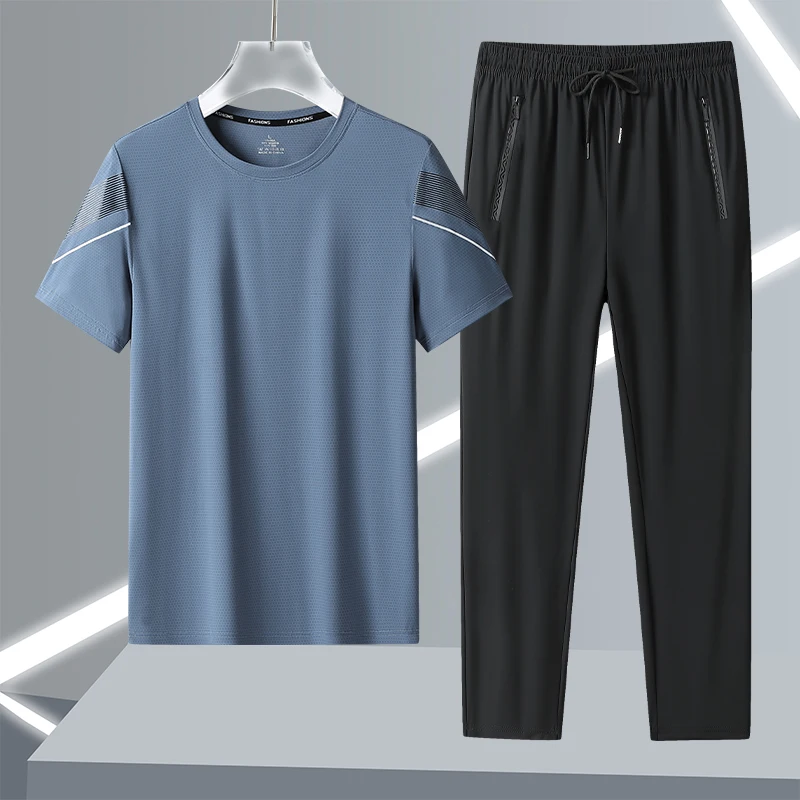 Man T Shirt and Pants Set Summer 2 Piece Set Fashion Casual Outfit Ice Silk Breathable Mens Tracksuit Set Sports Jogging Suit