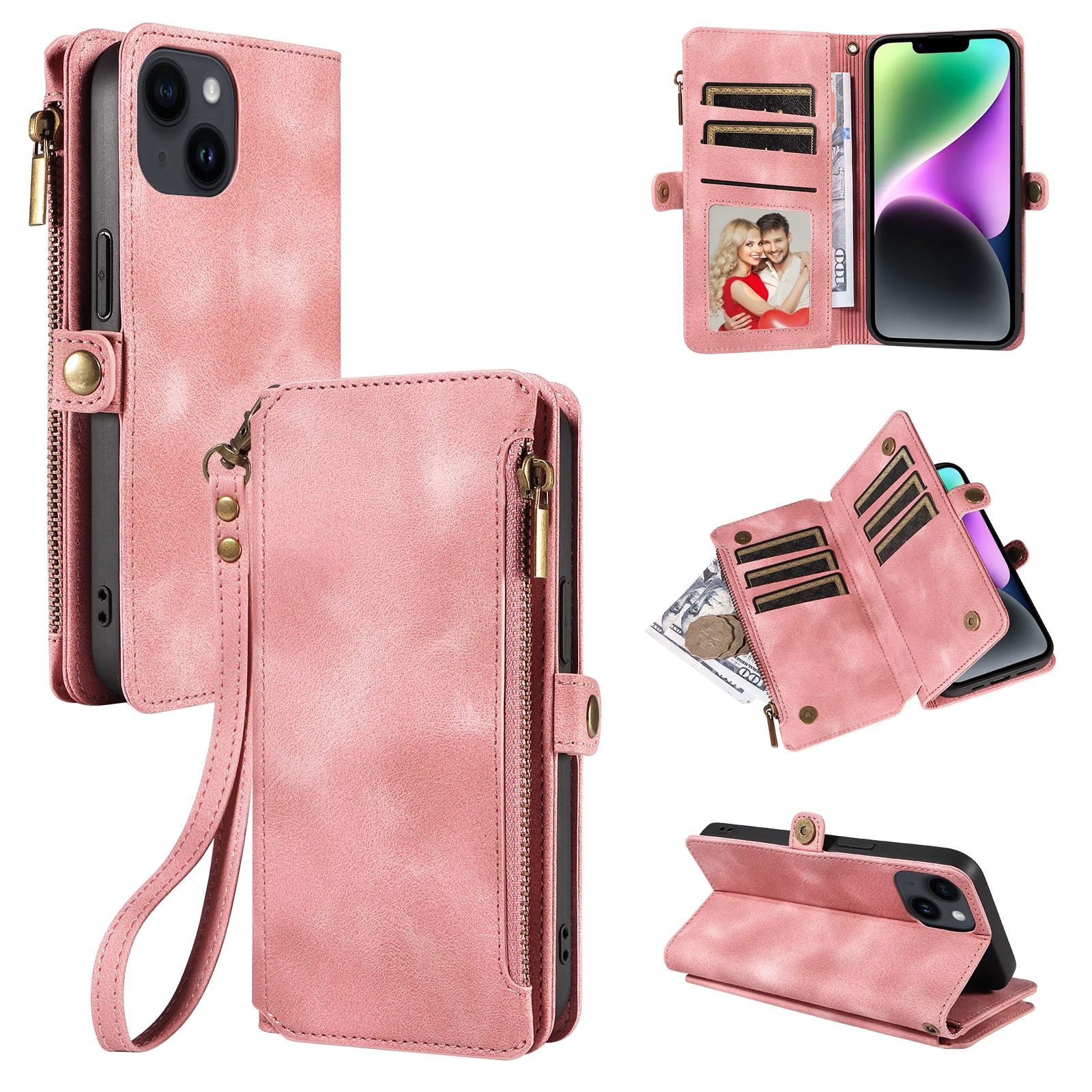 Multifunctional Clamshell Leather Protective Case For iPhone 14 13 12 11 Promax 8 7 6 Plus X XR XSMAX Zippered Wallet Phone Case