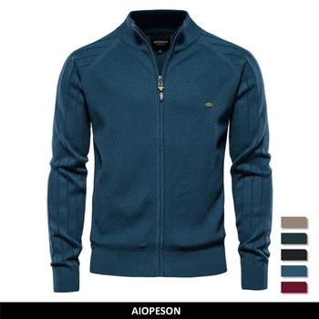 AIOPESON Argyle Solid Color Cardigan Men Casual Quality Zipper Cotton Winter Mens Sweaters Fashion Basic Cardigans for Men