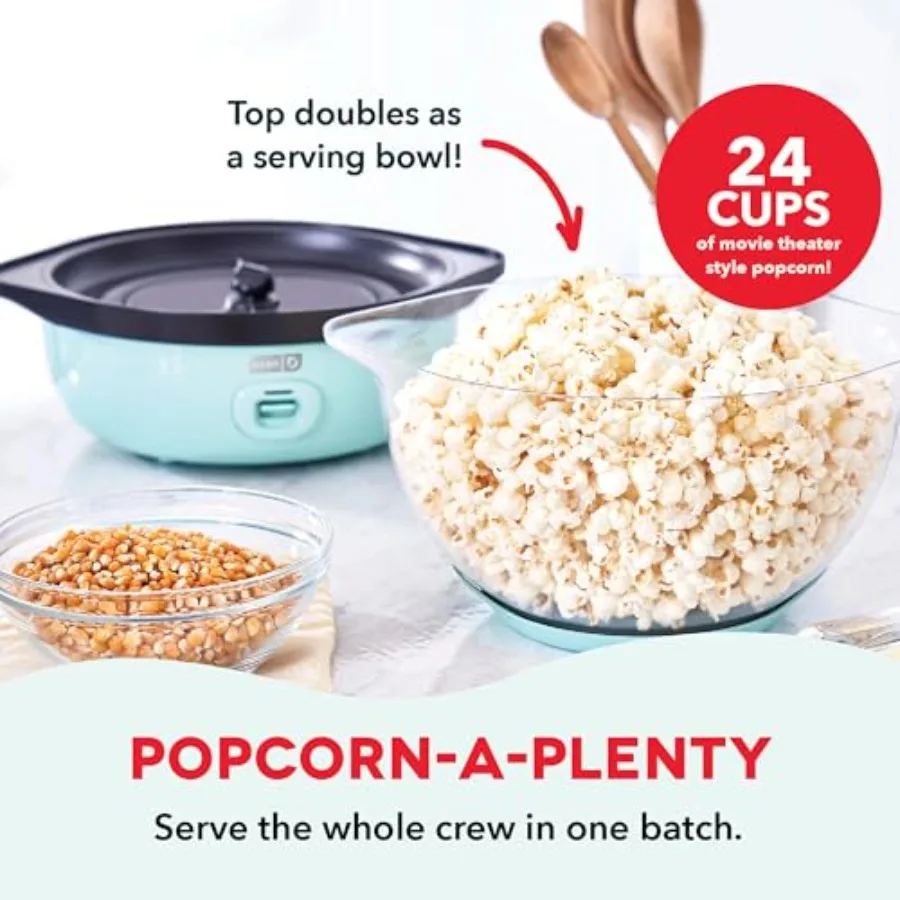 Electric popcorn machine with auto-stirring arm and clear serving bowl lid
