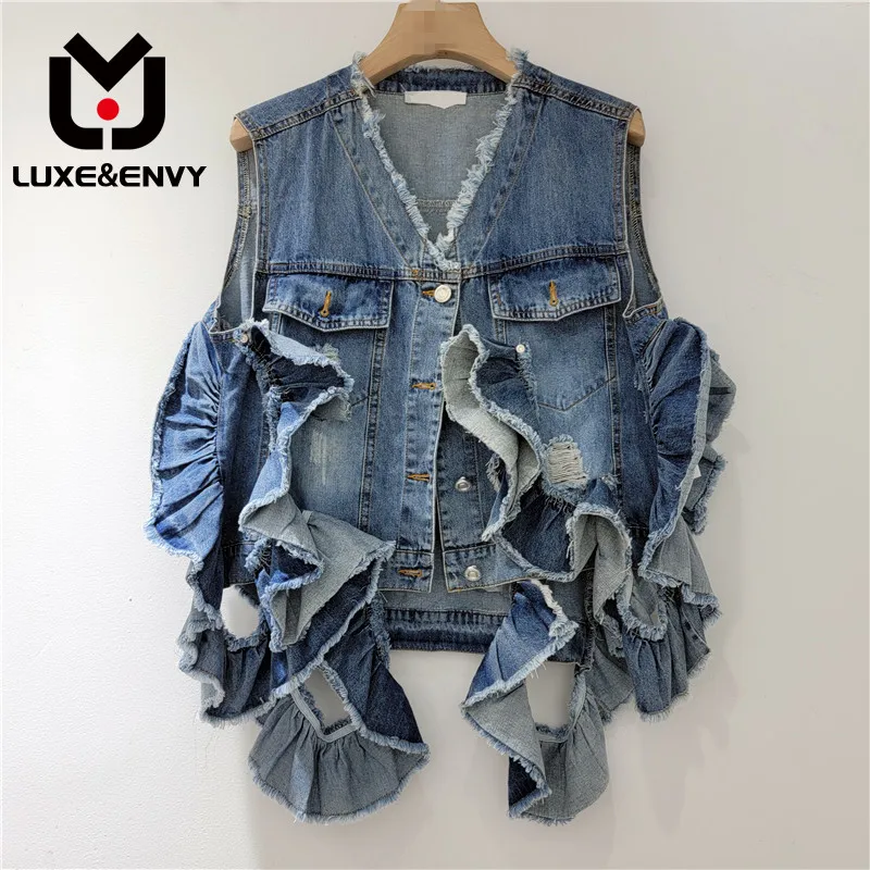 

LUXE&ENVY European Fashion Brand Heavy Wood Ear Edge Personalized Style Denim Vest Women Versatile Handsome Fashion Jacket 2023