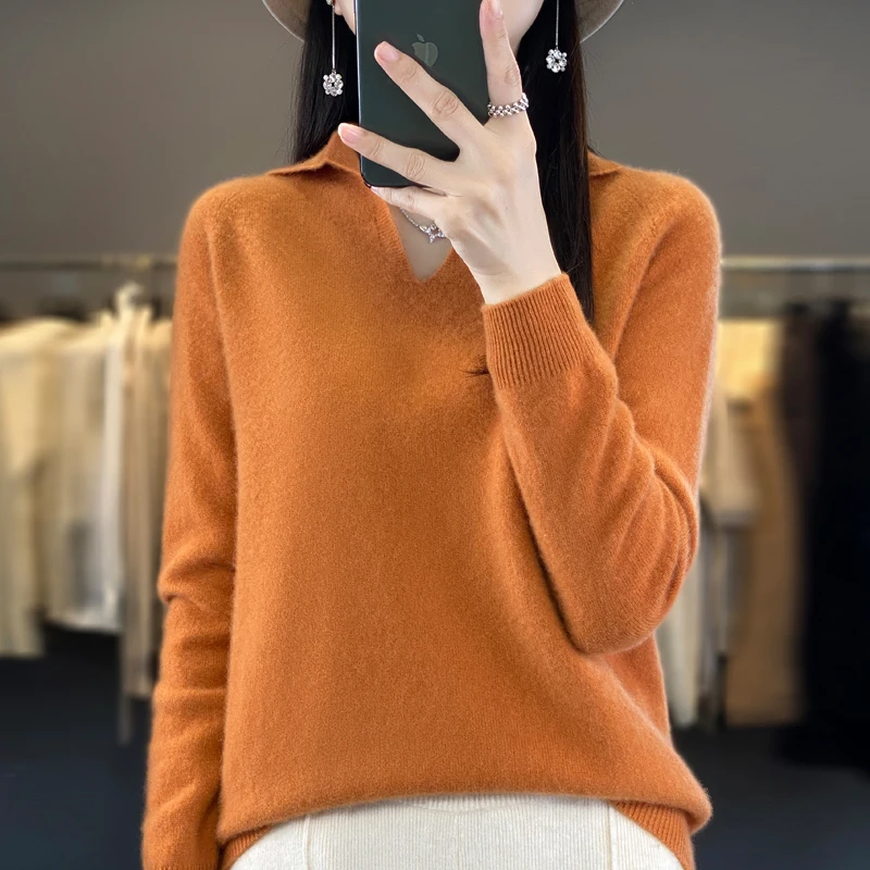 

100% pure wool new cashmere sweater in autumn and winter women's V-neck polo pullover fashion solid color long sleeve pullover