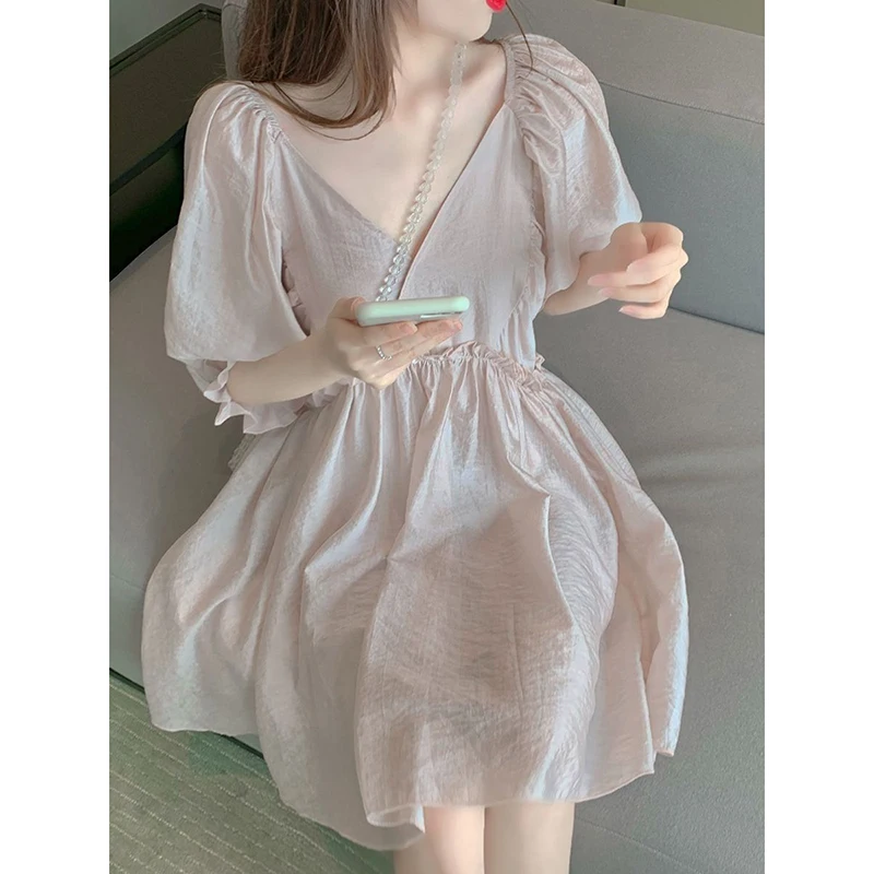 

Fashion V-Neck Spliced Ruffles Puff Sleeve Princess Dress Women's Clothing 2024 Summer New Loose Solid Color Sweet Mini Dress