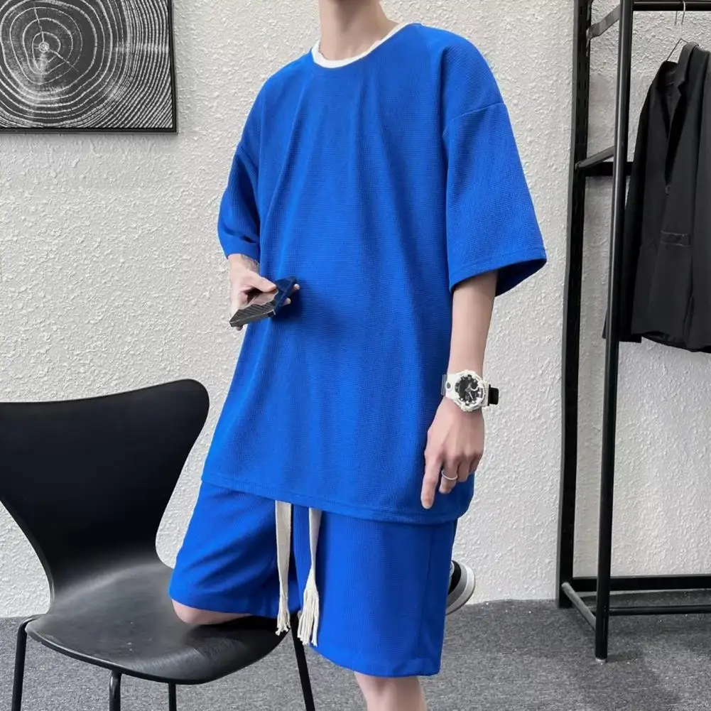 

2Pcs/Set Leisure Outfit Simple Knee Length Sportswear Suit Summer Pure Color Men Tracksuit Streetwear