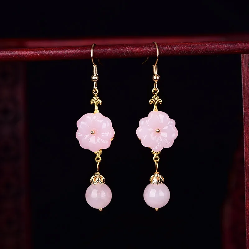 Pink Jade Flower Earrings Fashion 925 Silver Chinese Charm Jewelry Natural Carved Gemstones Gift Women Vintage Stone Luxury mohs hardness pen grade 4 10 test stone gem hardness gemstones jade selector detector mohs hardness testing pen