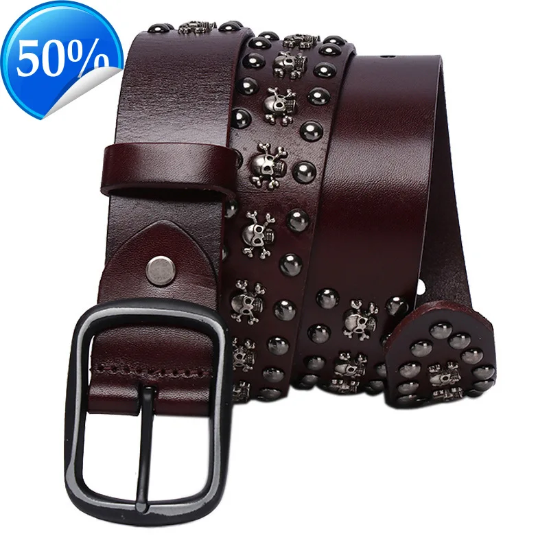 

3.8CM Cowboy Belt Cowskin Genuine Leather Belt Metal Punk Rivet Jeans Belts For Men Ceinture Homme Cinturones Hombre