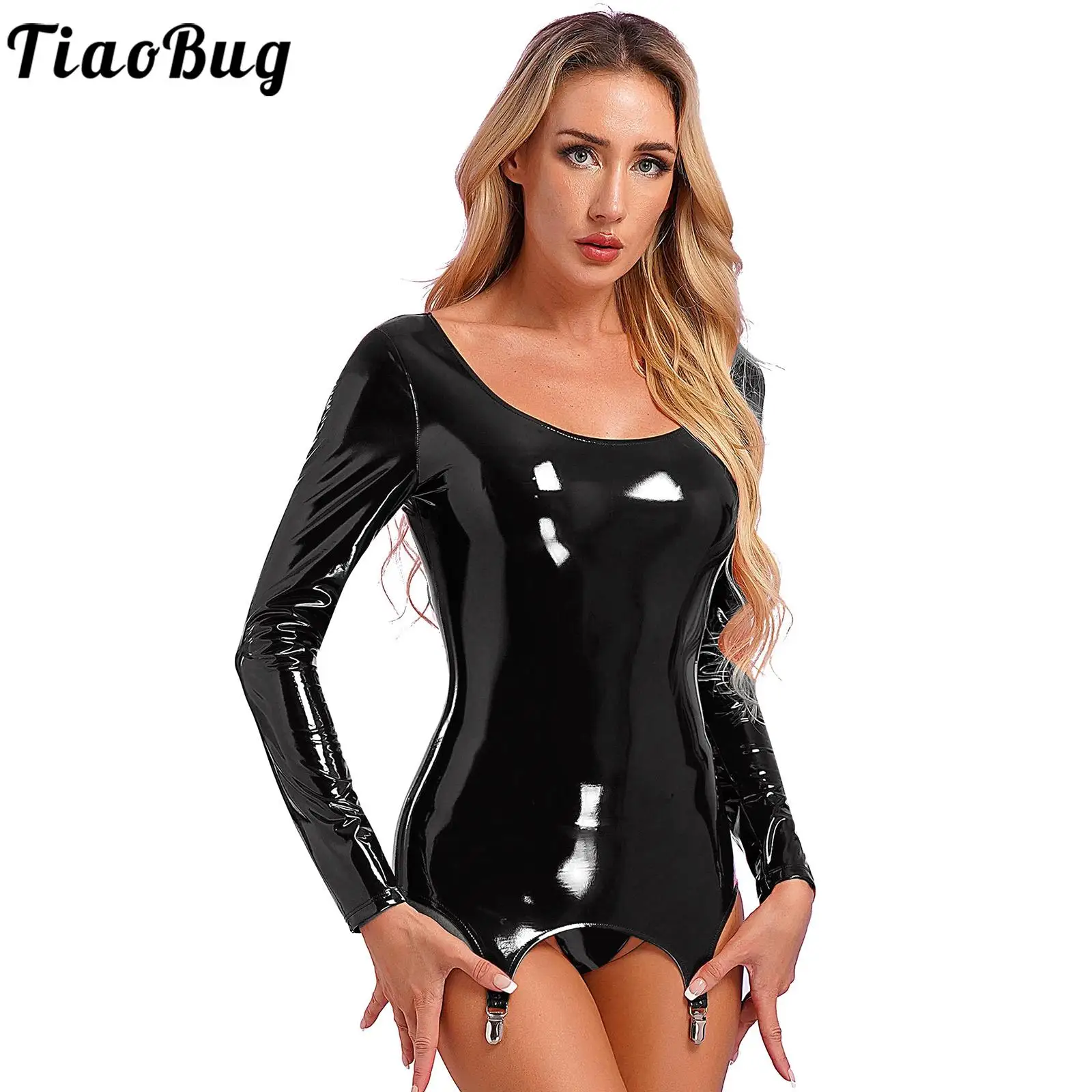 

Black Women Glossy Wetlook Patent Leather Bodycon Dress with Garter Clips Long Sleeve Mini Dresses Exotic Sexy Lingerie Clubwear