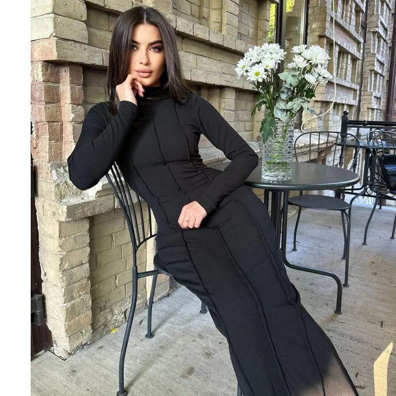 

2024 New Spring Women's High Waist Tight Fit Wrap Hip Solid Color Long Sleeve Slim Fit Dress Elegant Knitted Women's Dress