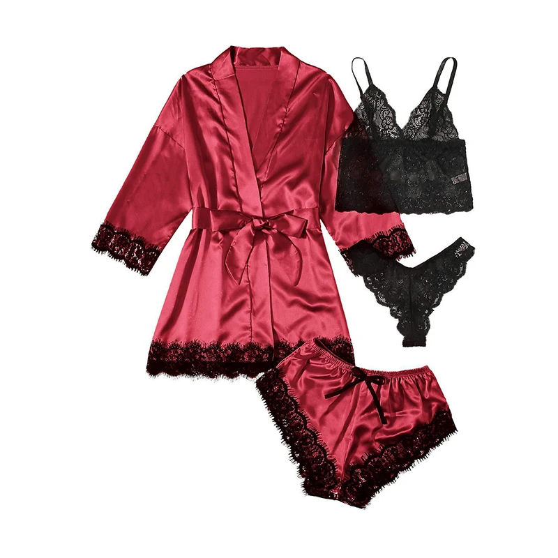 Women's Fashion Pajama Print Sexy Lace Trim Faux Silk Satin Pajama Set Gown Skin Friendly Comfort Loungewear Sexy Pajamas_voghion.com