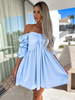 Spring & Summer: Sexy Holiday Style One Word Collar Solid Color Strapless Puff Sleeve Short Dress - Light Blue 1