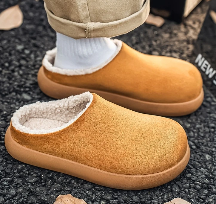 New Short Velvet Surface Warm Silent and Anti-slip Cotton Flip-flops for Men in Solid Colors in Baotou for Autumn and Winter