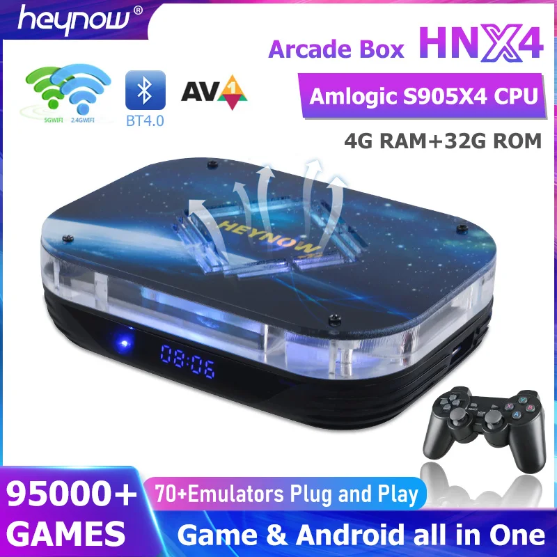 Домашняя игровая приставка HEYNOW HNX4, S905X4, 4 + 32 ГБ, ретро-консоль для видеоигр PSP/PS1/N64/SS/DC 95000 + игры 70 + симуляторы для видеоигр